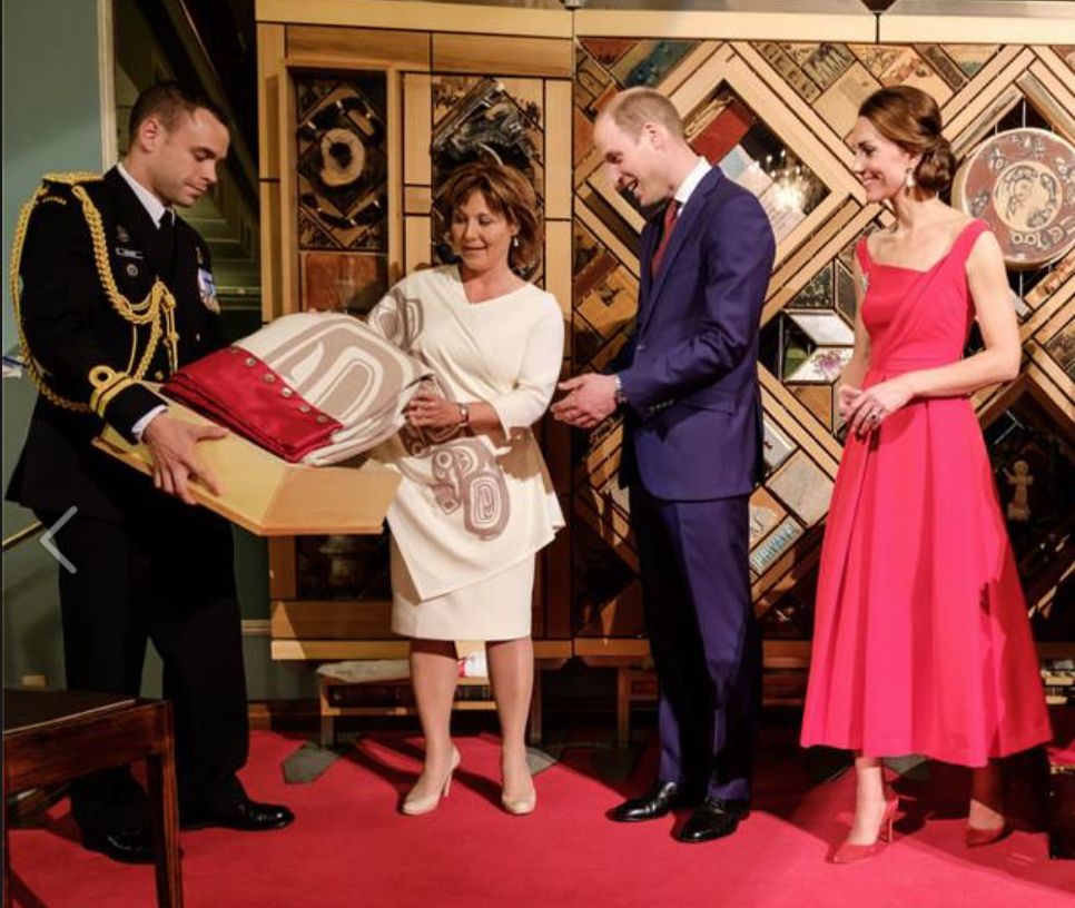 Premier Christy Clark giving the Cambridges gifts designed by Chloe Angus and Haida artist Clarence Mills. (Angus/Facebook)